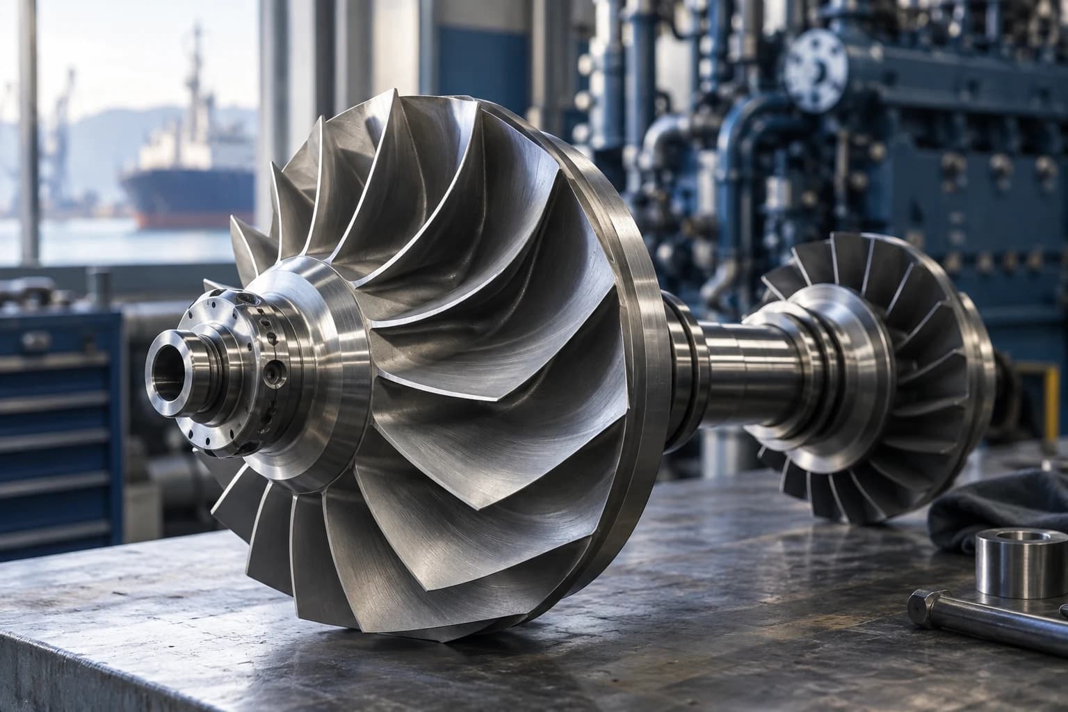 Illustrative close-up of precision-machined marine turbine components